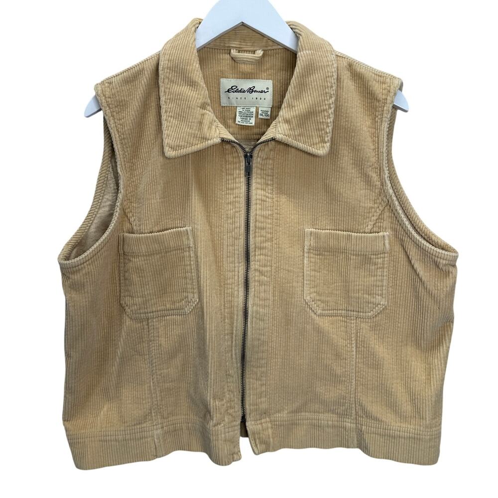 Eddie Bauer Womens Zip Corduroy Vest Size XXL Beige Pockets Western Vintage
